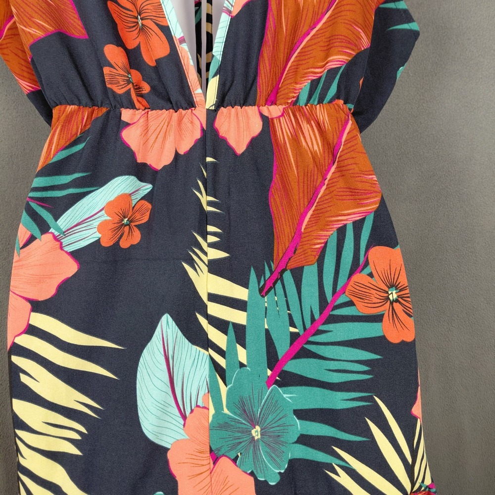 Tropical Floral V-Neck Ruffle Mini Dress Flutter Sleeve Tie Back High Waist ?Lg? - Picture 6 of 14
